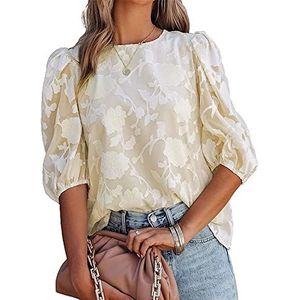 Dames Blouse, Damesblouse Zomer Zoete Bloemen Jacquard Ronde Hals Chiffon Blouses Tops Elegante Pofmouwen Tuniek Tops Effen Losse Mode Werkblouses T-Shirts Voor Dames Meisjes,Apricot,Xxl