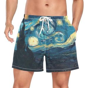Retro Starry Night Van Gogh Zwembroek voor heren, sneldrogend, met zakken, Leuke mode, XXL