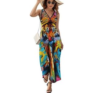 Modern olieverfschilderij van tijger dames lange jurk mouwloze maxi-jurk zonnejurk strand feestjurken avondjurken XL