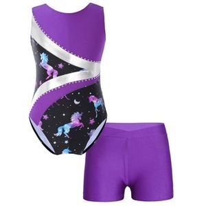 HEUchuan Turnpakjes voor meisjes, balletdanspakje, sportkleding, zwemkleding, mouwloos, gymnastiek bodysuit met shorts, schaatsen, podium, optreden, danskleding, Paars, 12