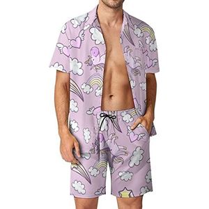 Roze Eenhoorns Donut Regenboog Mannen Hawaiiaanse Bijpassende Set 2-delige Outfits Button Down Shirts En Shorts Voor Strand Vakantie
