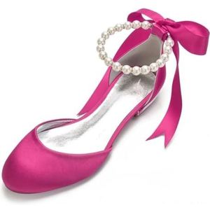 KYEGLO Satin Ballerina's Met Gesloten Neus Voor Bruiden, 2,5 Cm - Parelversiering, Enkelbandje, Elegante Trouwschoenen Voor Trouw- En Feestjurken,Hotpink,36 EU