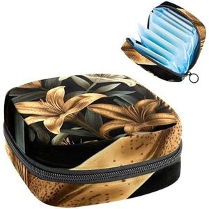 Opbergtas voor maandverband, gouden lelies bloemen vintage bloemenpatroon draagbare menstruatie pad tas, inlegkruisjes tampons maandverband opslag houder voor vrouwen school kantoor