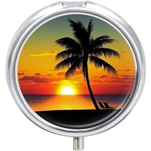 Sunset Palm Tree Pill Box 3 Compartiment Kleine Pillendoos met Spiegel voor Portemonnee & Pocket Reizen Medicijnen Organizer Dagelijkse Medicatie Container Draagbare Pillendoos Metalen Medicijndoos