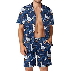 Ganzen Bloemen En Papieren Boten Mannen Hawaiiaanse Bijpassende Set 2 Stuk Outfits Button Down Shirts En Shorts Voor Strand Vakantie
