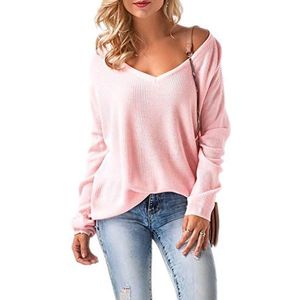 Mikos * Pullover voor dames, vrouwen, off-shoulder, lange mouwen, voor lente, zomer, herfst en winter, gebreide trui, baggy, V-hals, losse trui, oversized (694) SML, roze, Eén maat