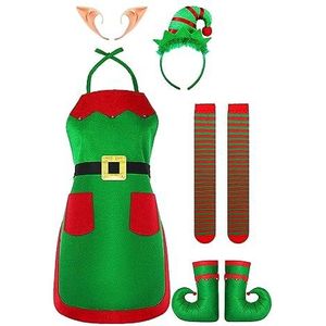Elf Kostuum Volwassene | Rood en groen gestreepte kerstelf met pluche muts | Grappige outfits voor volwassenen met keukenschorten voor Kerstmis, Halloween, Nieuwjaar, kerstelfaccessoires Giboh