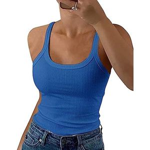 GEMBERA Vrouwen Spaghettiband Ronde Hals Geribbelde Tanktops Slank Getailleerd Katoenen Hemdje Basic Mouwloze Gelaagde Shirts, Royalblue, M