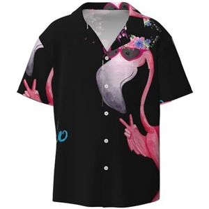 OdDdot Hello Bril Flamingo Print Heren Overhemden Atletisch Slim Fit Korte Mouw Casual Business Button Down Shirt, Zwart, 3XL