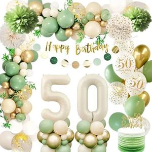 FeestmetJoep® 50 jaar feestpakket Beige / Goud & Groen 67-delig - 50 jaar verjaardag versiering - 50 jaar slingers - 50 jaar ballonnen - Feestversiering voor man & vrouw Groen / Goud