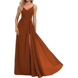 Prinses Bruidsmeisjes Jurken Spaghetti Bandjes Galajurken Chiffon Formele Avondfeest Maxi Jurk met Split ZM210, Verbrand Oranje, 32