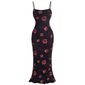 jurken voor dames Cami-jurk met bloemenprint for dames, mouwloos, spaghettibandjes, midi-lengte, slim fit (Color : Noir, Size : L)