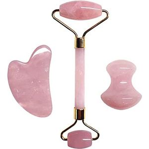 Gua sha Schraper Board Rozenkwarts gezicht dunne stimulator natuursteen guasha board jade roller roze kristal gezichtsschraper jade gezichtsroller set massage tool set (kleur: set B)