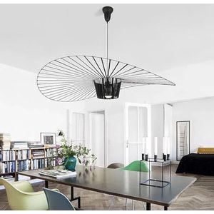 Retro hanglamp, golvende kroonluchter, glasvezel + vezeldoek, hoedontwerp, moderne woonkamer, keuken, badkamer, decoratieve verlichting, E27, zwart, 200 cm