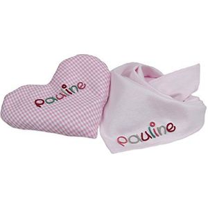 Het roze gekleurde warmtekussen in een set met een roze sjaal inclusief individuele tekst met speciale kleur is het ideale babycadeau voor de geboorte.