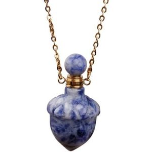 Women Gemstone Perfume Bottle Pendant, Carved Crystal Acorn Healing Necklace Boho Friendship Necklace Jewelry Gift (Color : Silver_Blue Spot Stone)