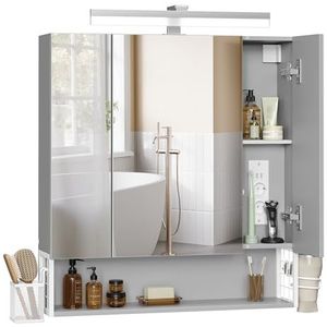 VASAGLE Badkamerkast met 3 deuren, spiegelkast, wandkast, stopcontacten, hangmand, haardrogerhouder, veel opbergruimte, voor badkamer, 16,5 x 70 x 75 cm, wolkenwit-duifgrijs BBK126G01