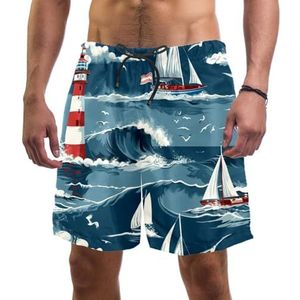 PAFEFO Navy Sea Sailboat Lighthouse boardshorts voor heren, sneldrogend, strand, zwemmen, sportpakken met zakken, Marine Zee Zeilboot Vuurtoren, S