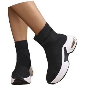 Gebreide Enkellaarsjes Ademende Korte Laarzen for Dames Sportieve Enkellaarsjes Comfortabele Plateaulaarzen Met Sleehak Elastische Instapschoenen for De Lente/herfst(Black,43 EU)