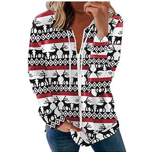 LOOUS Kerst Hoodies voor vrouwen, dames casual lange mouw Xmas Print trekkoord Zip-up vesten Sweatshirts Tops Jassen Beste geschenken, Zwart, XL