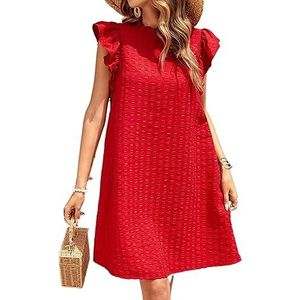 jurken voor dames Effen tuniekjurk met ruches, opstaande kraag en knoopzak (Color : rood, Size : Small)