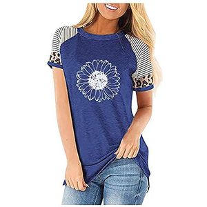 Dames Tops Paardebloem Print Korte Mouw T-shirts Ronde Hals Baggy Tuniek Plus Size Vrouwen Paardebloem Grafisch Gedrukt Ronde Hals T-Shirt Casual Losse Tees Tops Korte Mouw T-shirts Zomer Blouses Shirts, E-blauw, XXL