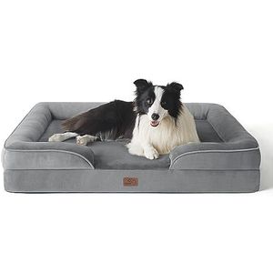 Bedsure Orthopedisch Hondenbed Ergonomische Hondenbank - 89x63 Cm Hondenbank Met Eivormig Kratschuim Voor Middelgrote Honden, Wasbare Antislip Hondenbedden, Grijs