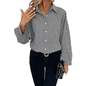 dames topjes Overhemd met knopen aan de voorkant en gingham-print (Color : Black and White, Size : L)