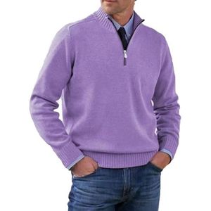 Heren Gebreide Trui Met Kwartrits, Veelzijdige Effen Kleur Pullover Met Geribbelde Kraag en Manchetten(Purple,5X-Large)