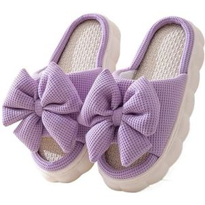 Stoffen huisslippers lente zomer strikje slippers voor vrouwen thuis slippers lichte dames slippers schoenen vrouw dikke zool platte linnen sandalen voor hotel en reizen (B-paars, 38-39)