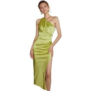 jurken voor dames Satijnen jurk met één schouder en ruches met split op de dij (Color : Lime Green, Size : L)