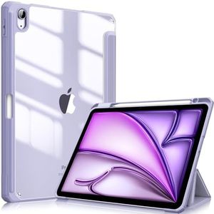 Fintie Hoes iPad Air 11 inch M3 2025 / M2 2024, iPad Air 5e/4e gen 2022-2020 met Pen houder, draadloze oplaadfunctie-Transparant Harde Beschermhoes met Zachte TPU Rand Bumper-Lila Grijs