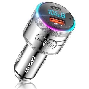 LENCENT Bluetooth 5.3 FM Transmitter, 48W Snellader PD+QC, Draadloze Bluetooth FM-zender, Bluetooth Adapter, Autolader Radio Adapter met Handsfree Blaffen, 360° Hi-Fi, Fast Charge PD Type C+ QC3.0