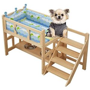 honden bed 2-laags huisdierbed Houten hondenmand Verhoogde hondenmand Hondenmeubels met trappen en vangrail Hondenbak voor kleine middelgrote huisdieren Houten framebedden honden bedje