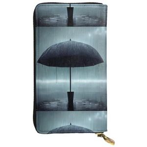 Zwarte paraplu in de regen unisex lederen rits portemonnee cosmetische tas voor feest reizen vakantie geschenken, Zwart, Eén maat
