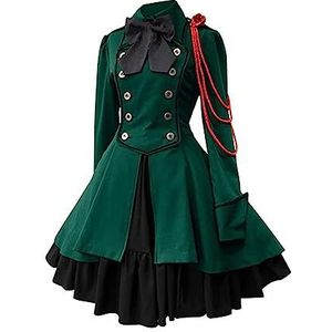 Lemoiitea Middeleeuwse Retro Patchwork Jurk Vrouwen Mode Casual Ronde Hals Lange Mouw Jurk Strik Ruche Geplooide Jurk Gothic Elegante Baljurken Halloween Kostuum Renaissance Jurk, Groen, S