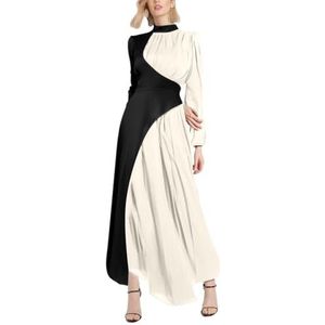 UPPJPBSW Colorblock Patchwork Retro Swing Jurk Dames Empire Taille Lange Mouwen Elegante Maxi Jurk Avond Cocktail Feest,Wit,L
