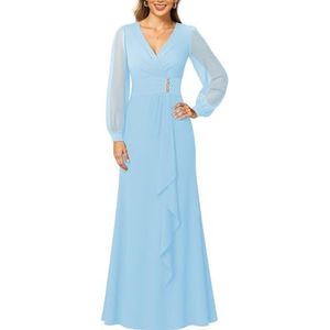 KIYNE Dames lange mouwen moeder van de bruid jurken ruches A-lijn V-hals chiffon formele avondjurk, Lichtblauw, 56 NL/Plus