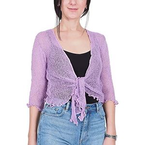 Mimosa Gehaakte shrug voor dames, glitter of effen, stretch, kant, visnet, omslagdoek, open vest, maat 34-58, Lila, one size