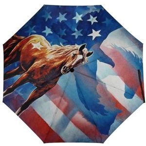 Paard Bald Eagle Amerikaanse Vlag Paraplu Winddicht Sterke Reizen 3 Vouw Paraplu Voor Mannen Vrouwen Automatische