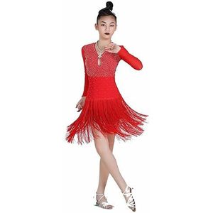 Latin Dansjurk met Lange Mouwen Cha Cha Ballroom Wedstrijdkostuum met Kwastjes Professionele Salsa Danskleding voor Dames Tango Dansoutfit met Strass,Rood,L