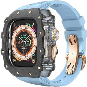 dayeer Koolstofvezel Case Band voor Apple Watch 49MM Ultra2 Ultra, fluorrubber horlogeband met Cover Mod Kit voor Iwatch Series9/8/7/6/5/4/se (Color : Bluer, Size : 45mm 44mm for 9876)