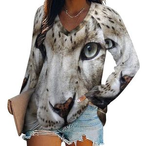 Snow Leopard - Snow Ghost Casual T-shirts met lange mouwen voor dames V-hals bedrukte grafische blouses T-tops L