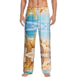Zeester en zeeschelpen lange loungewear voor heren, nachtkleding, pyjamabroek, nachtkleding met zakken en trekkoord, Wit, S