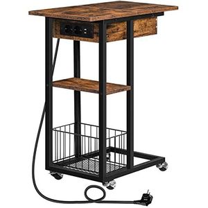 HOOBRO Bijzettafel met laadstation, flip C-vorm banktafel, salontafel met wielen en legplank, nachtkastje voor woonkamer, slaapkamer, donkerbruin EBF022SF01