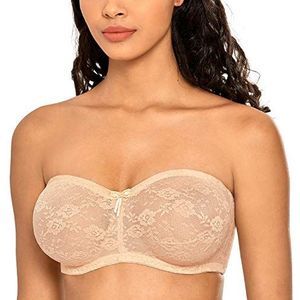 Dobreva Dames Strapless Beha met Beugel Sheer Lace Dirndl Bandeau Beha's met Transparante Bandjes Beige 95E