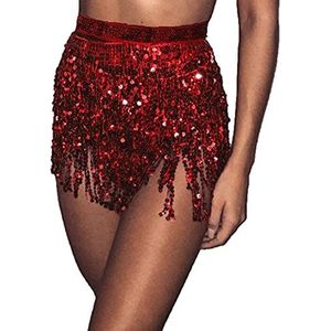 Bufenia Dames buikdans heuprok kwastje pailletten heupsjaal bandjes wrap rave rokken Halloween kostuum club festival, Rood, One size