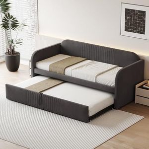 BXEYXE Gestoffeerd bed, uittrekbare slaapbank, 90/180 x 190 cm, met verticale strepen, met lattenbodem, multifunctioneel bed, comfortabele en ademende linnen stof, grijs (matras niet inbegrepen)