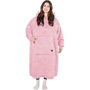 Catalonia Klassieke grote sherpa-hoodie-deken voor volwassenen, vrouwen, mannen, superwarm en lang, oversized pluche hoodie-dekjurk met capuchon en voorzak, roze