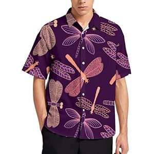 Paarse Dragonfly Hawaiiaanse Shirt Voor Mannen Zomer Strand Casual Korte Mouw Button Down Shirts met Zak